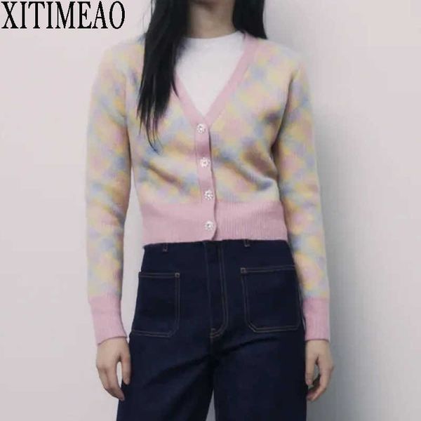 

za women autumn winter diamond check knitted slim knit sweater coat retro solid color v neck knitted cardigan jacket 210602, White