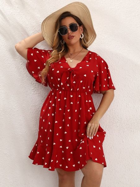 

plus heart print knot front butterfly sleeve ruffle hem dress b3ve#, Black