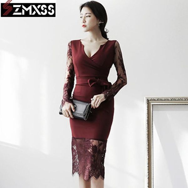 

szmxss 2021 autumn new korean version v-neck long-sleeved dress lace patchwork bow tie fashion bodycon pencil dress vestido, Black;gray
