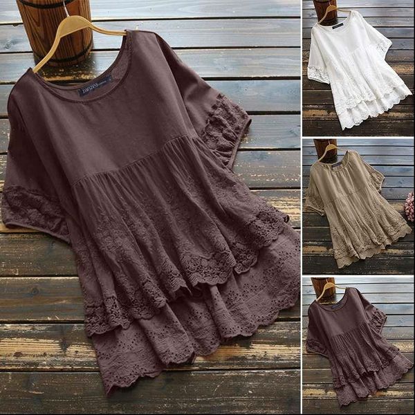 

plus size womens lace stitching blouse 2021 zanzea embroidery shirts short sleeve solid blusas female layers summerb tunic 5xl, White