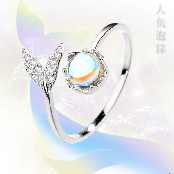 

wedding rings korean individuality silver colour mermaid ring adjustable opening for women blue crystal moonstone open anillos dropship, Slivery;golden