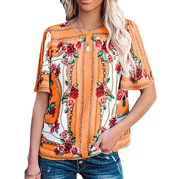 

women's t-shirt spring and autumn casual women t-shirts flower print short sleeve plus size pullover female round neck loose, White