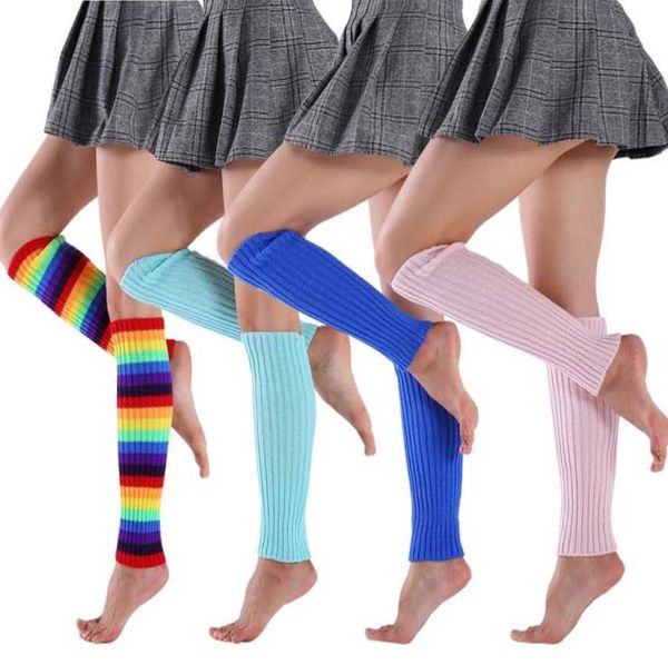 Fashion's Fashion Leg Warmers 80s Ribbed Knit Heater Knee High Socks Quente para o Partido Esportes Arco-íris Color Striped Match 2 Cores Hosiery