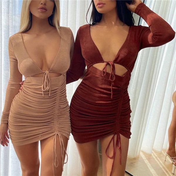 

casual dresses ladies bodycon mini dress women fashion party club clothes solid hollow deep v neck long sleeve drawstring vestidos, Black;gray