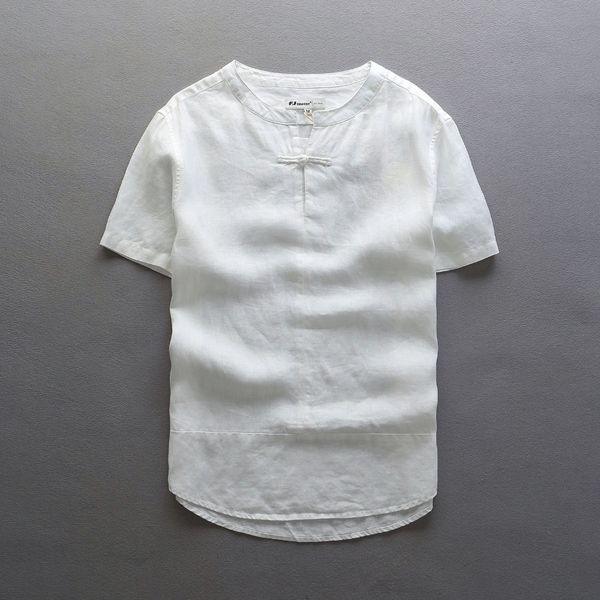 

2021 new summer linen short - sleeved 's casual white shirt fashion chinese trend solid men shirts pure flax -3xl camisa chu6