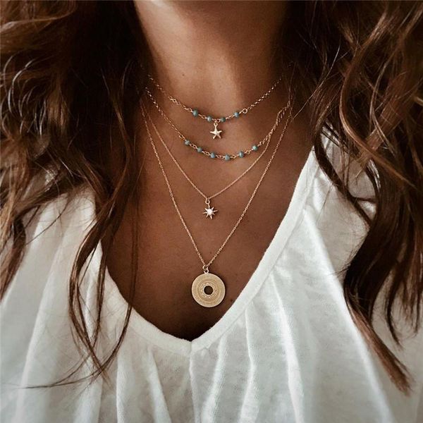 

pendant necklaces vintage blue bead star round multilayer necklace for women ladies alloy chain long collares jewelry, Silver