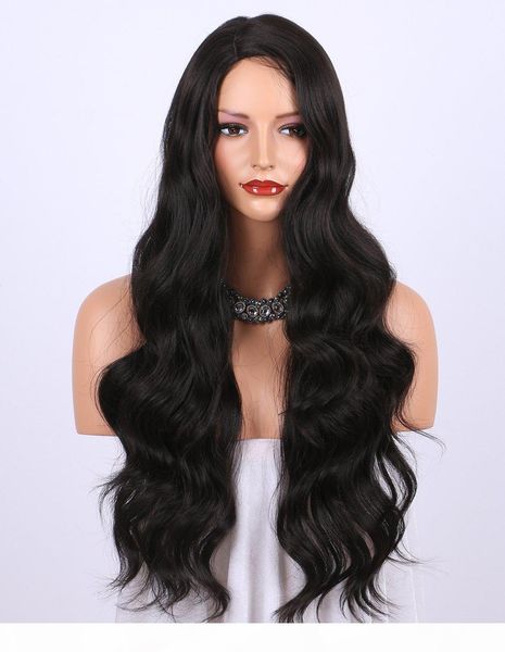 

synthetic wigs for women - natural looking long wavy right side parting heat resistant replacement wig 24 inches, Black