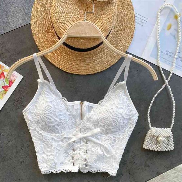 

lace camis crop white black spaghetti strap sleeveless backless night club lace-up zipper back tank s 210603