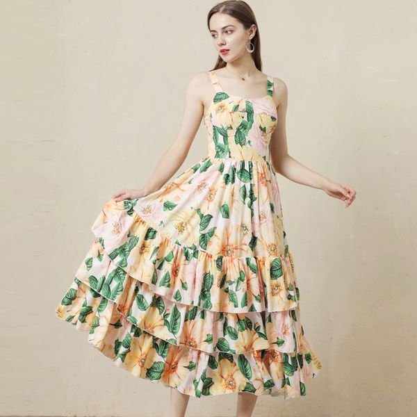 

women's runway dresses spaghetti straps floral printed tiered ruffles high street fashion casual designer dresses, Black
