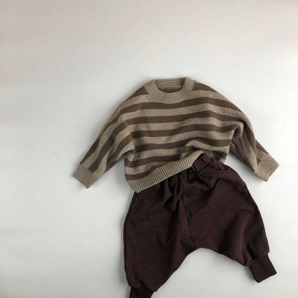 

baby sweater and autumn children's pullover thickening long sleeve round neck striped brown girls sweater 210701, Blue