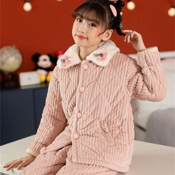 

pajamas girl's winter thickened household clothes baby cotton three layer big children's coral plush flannel, Blue;red