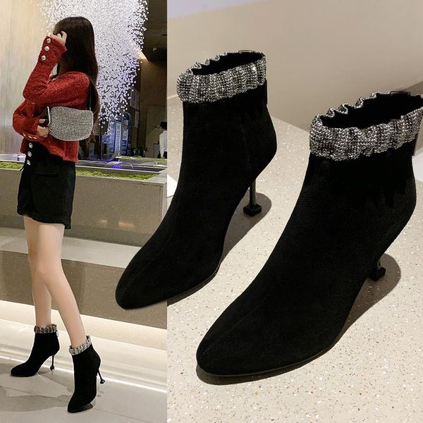 

boots 8cm 2021 autumn winter women fashion short pointed toe high heels elegant office lady party ankle, Black