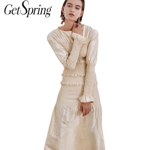 

getspring women dress designer's puffle summer elastic trenched vintage long sleeve tight black beige 210601, Black;gray