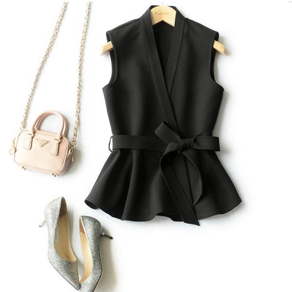 

women's vests jacket with belt ruffles sleeveless vest 2021 spring and autumn black waistcoat female korean casual ol coat z149, Black;white
