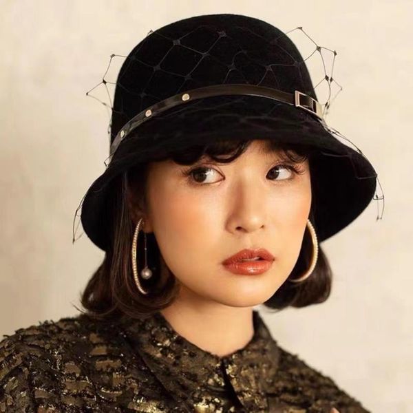 

berets elegant fedora hats for women japan net yarn beads hepburn flat hat simple fashion wool felt ladies wide brim bucket, Blue;gray