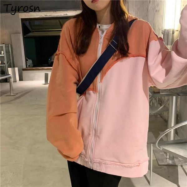 

women's hoodies & sweatshirts with hat women patchwork designed fashionable vintage sweet color contrast tender zip-up ulzzang ins hips, Black