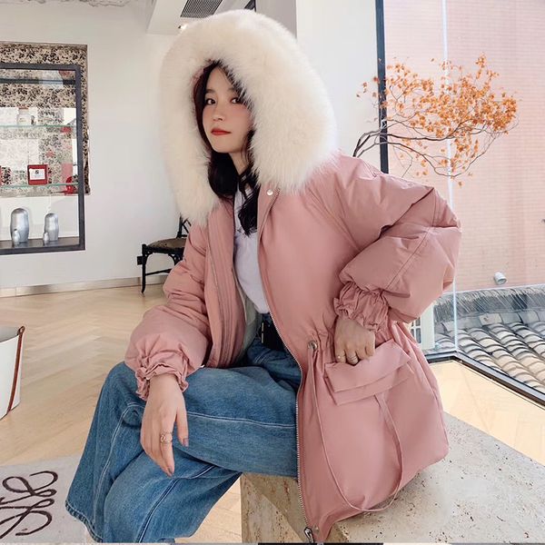 

2021 new winter women coat real fur hooded loose down parkas lace up big pocket thick warm snow jacket outwear dufg, Black