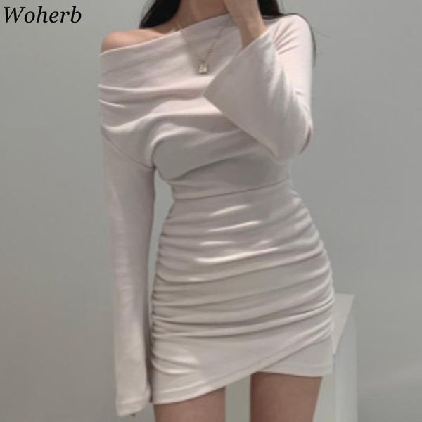 

casual dresses woherb mini for women lady slash neck off shoulder long sleeve vestidos female folds bodycon temperament dress, Black;gray