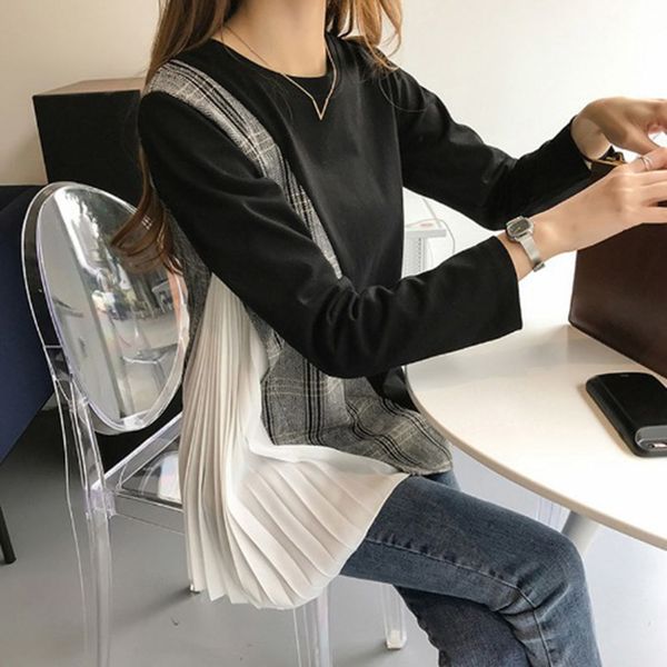 

2021 new japanese fashion temperament irregular plaid tie round neck long sleeve 2tkr, White