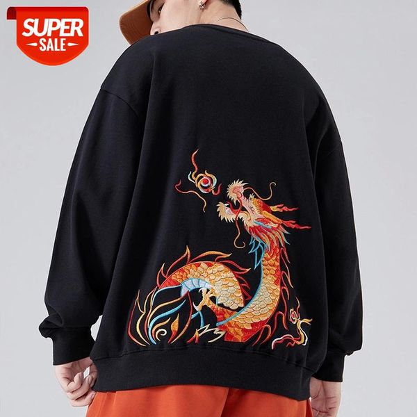 

China Dragon embroidered sweater men's national trend large loose cotton round neck pullover with plush and thick base shirt #f38O, Black