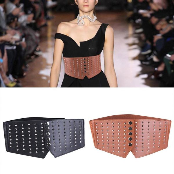 

belts women pu waistband leather rivet cummerbunds dress elastic wild coat waist belt diy corset cool street, Black;brown