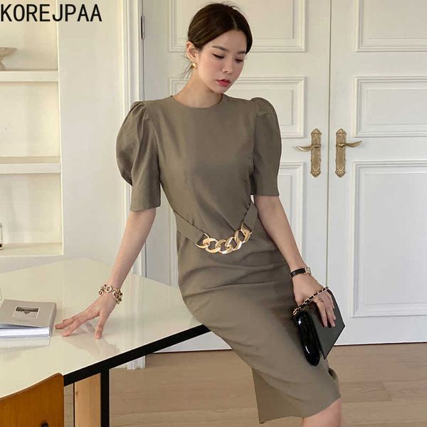 Korejpaa Abito donna Corea Chic Summer Commute Light Cotto O-Collo Anello Fibbia Decorazione Vita Bolla Manica lunga Vestido 210526