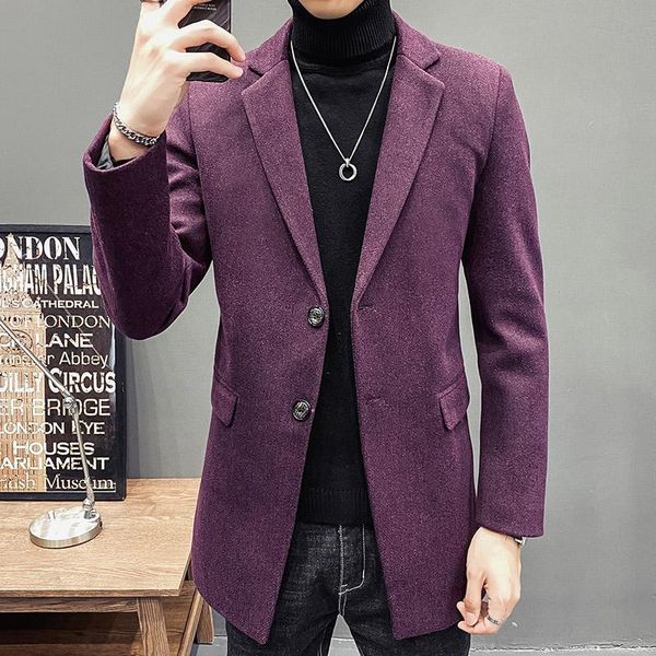 

men's trench coats purple coat slim fit mens long black woolen autumn jacket stylish man 2021 winter elegant gentleman, Tan;black