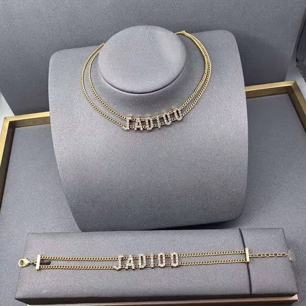 

2021 new d family double layer clavicle chain letter inlaid diamond necklace bracelet dijia fashion jewelry, Silver