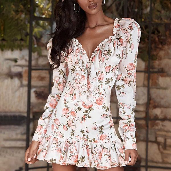 

casual dresses women v neck cascading ruffles floral autumn long sleeve print mini boho bodycon party vestidos c0oi, Black;gray