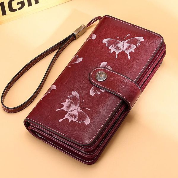 

wallets brand butterfly real leather women wallet large compartment long female clutch purse cellphone bag coin lady gift, Red;black