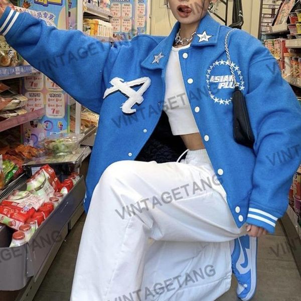 

women's jackets b-toto american retro blue woolen baseball uniform jacket female tide ins loose bf wind 2021 fashion, Black;brown