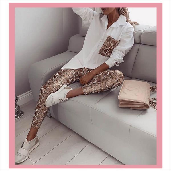 

fashion snake print pocket womens pants blouses and elastic waist long 2 sets women two piece matching outfits clothes, White