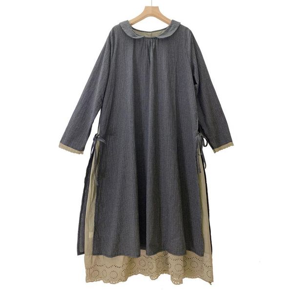 

casual dresses korean women loose cotton linen spring and autumn lace up vintage plaid dress for ethnic style fake two-piece long, Black;gray