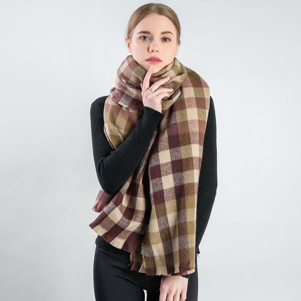 

luxury design za new scarf 2021 imitation cashmere plaid scarf female tassel shawl bib, Blue;gray