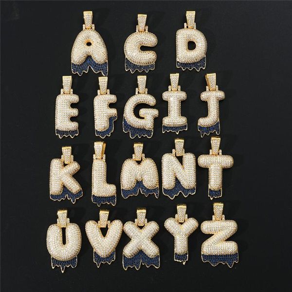 

pendant necklaces hip hop a-z bubble letters blue color drip cz copper & rapper cubic zirconia bling for men charm jewelry, Silver