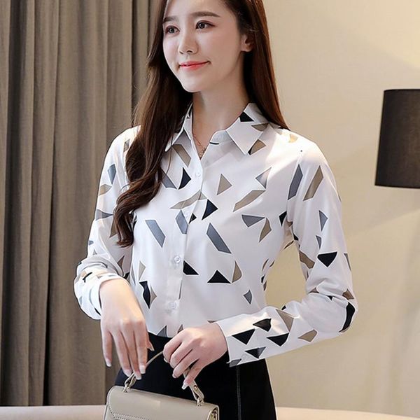 

women's blouses & shirts korean women elegant woman chiffon shirt plus size long sleeve print blusas mujer de moda 2021 blouse, White