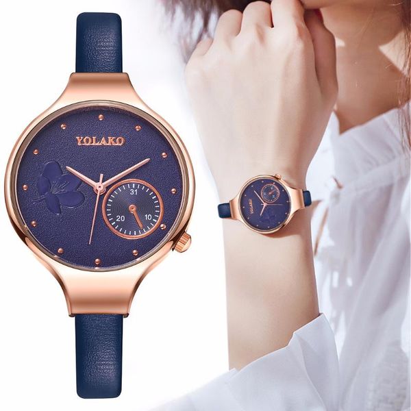 

wristwatches drop women fashion blue quartz luxury ladies leather flower dial watch yolako relogio feminino, Slivery;brown