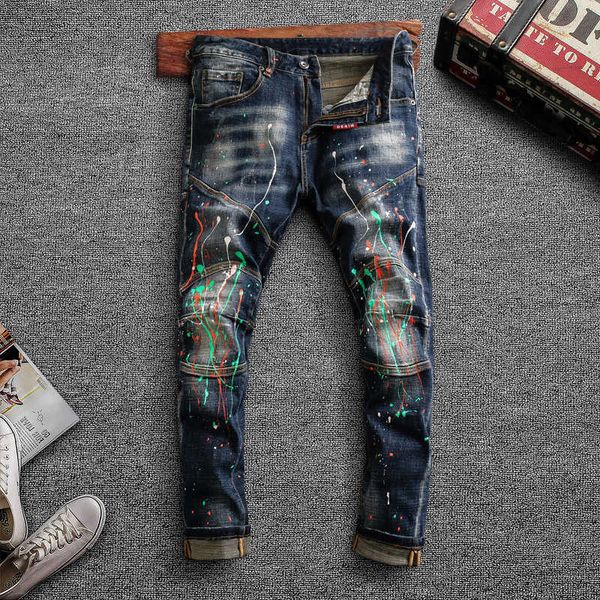 

american streetwear fashion men jeans elastic slim fit retro dark blue painted designer denim trousers biker pants