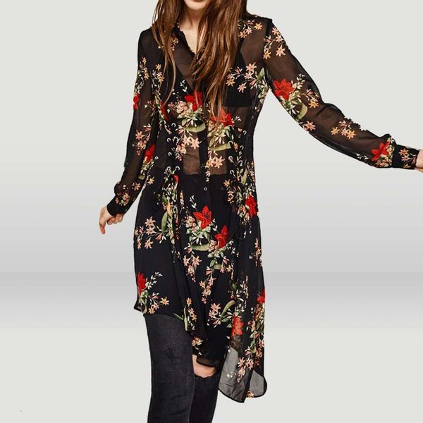 

european and american flower print sexycasual micro-transmission straps design office irregular long shirt size s-2xl, White