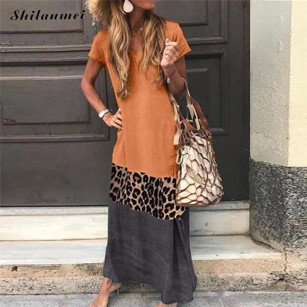 

party dresses long leopard dress women boho loose beach summer printed bohemian robe maxi cotton casual for plus size 5xl, White;black