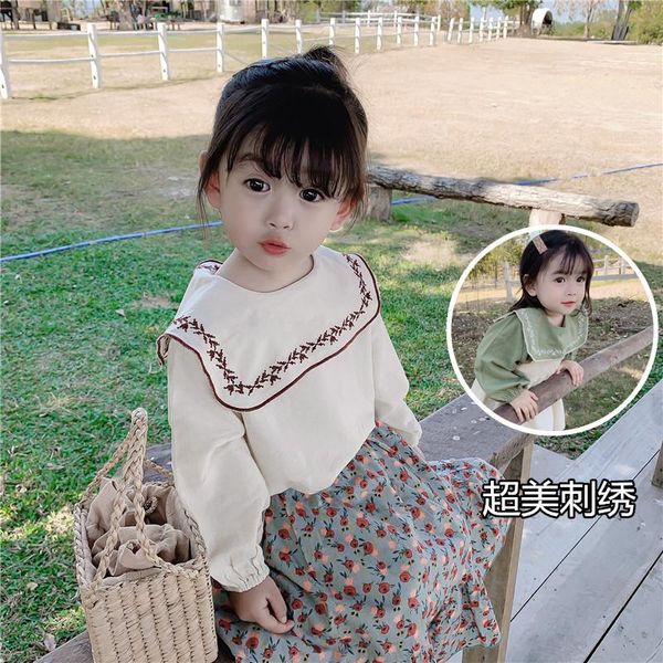 

shirts children clothing spring 2021 baby girls embroidery doll collar long sleeve cotton shirt, White;black