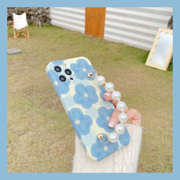 

women girl blue flower cases with pearl chain compatible for iphone 12 pro max full cover phone case 97180