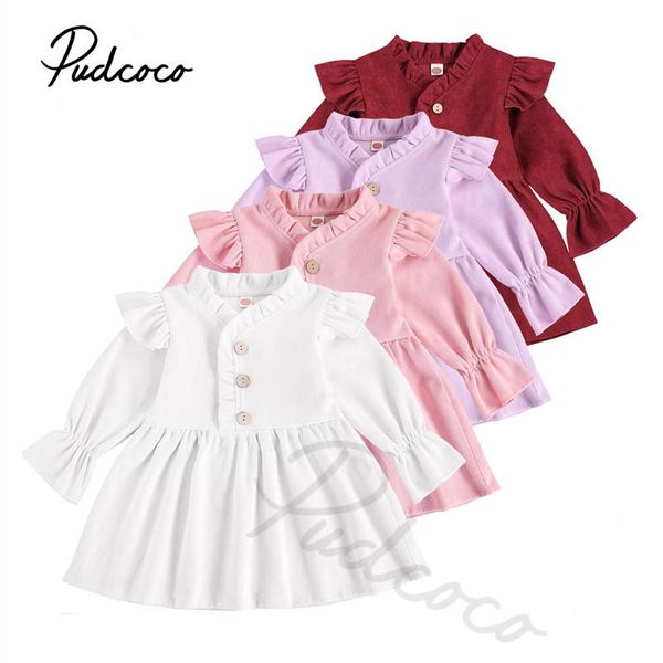 

infant kid girl long sleeve corduroy dress solid v-neck sleeves button open front dresses wine red/ white/ pink/ purple 1-6t, Red;yellow