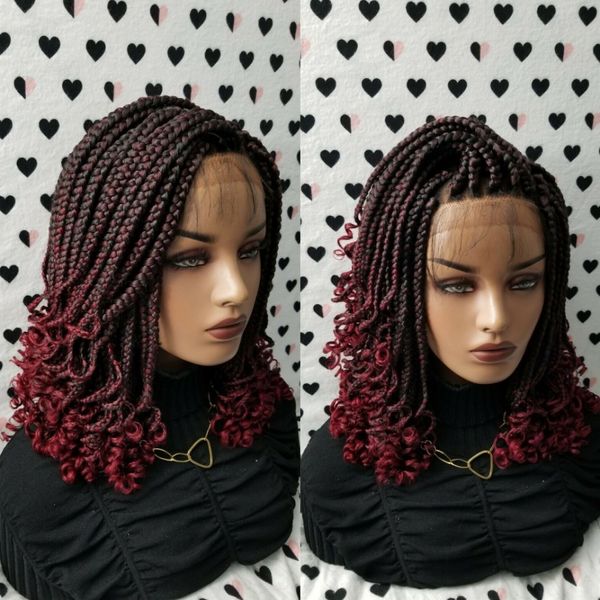 İnsan saç kaplamasız peruklar ombre kırmızı kısa kutu örgüler peruk kıvırcık uçları ile sentetik tamamen el yapımı örgülü dantel ön siyah kadınlar için