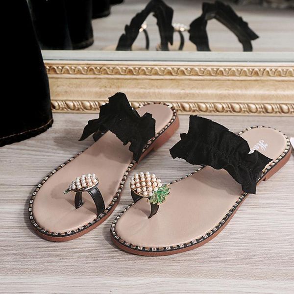 

slippers women beach flat flip-flops shoes female girls pearl bohemian style casual sandals #4.30, Black