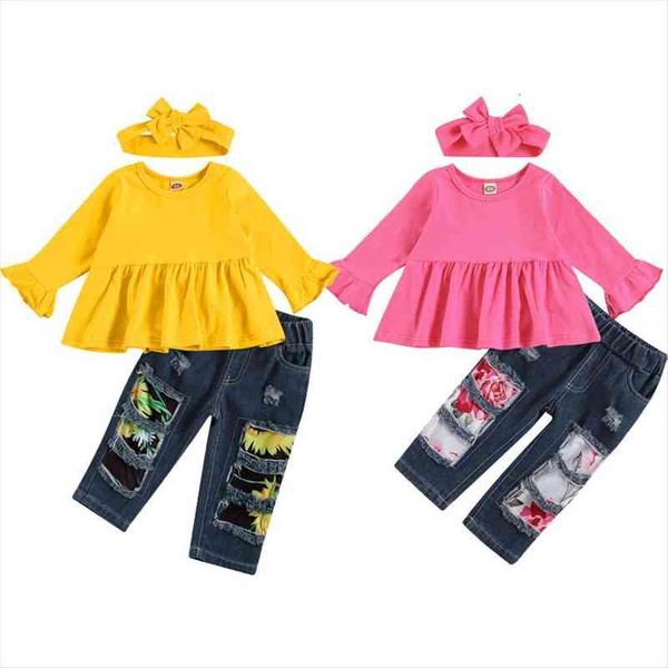 

0 5y autumn kids baby girls clothes sets 3pcs ruffles long sleeve dress floral denim pants headband, White