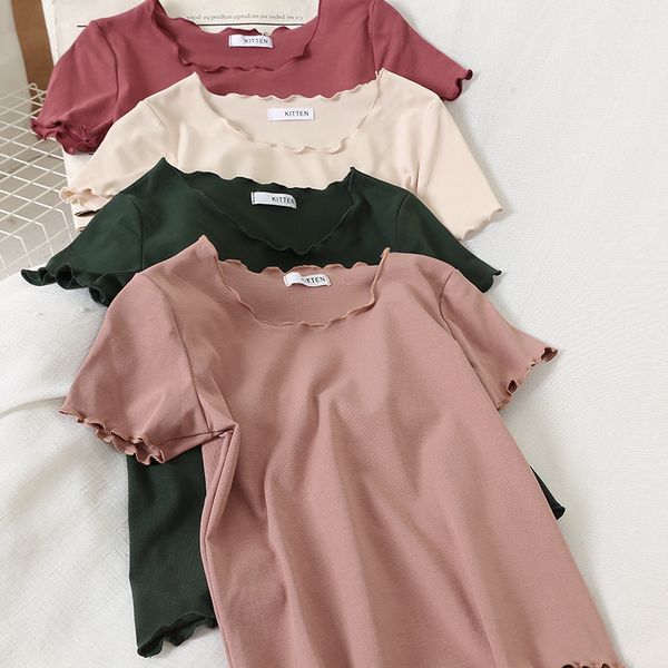 

2021 new round neck ruffles hem tees loose casual high street short sleeve cottons t-shirts women summer bpbf, White