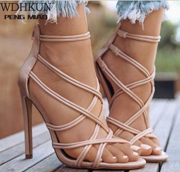 

sandals women heels fashion black zipper openwork cross-strap high heel