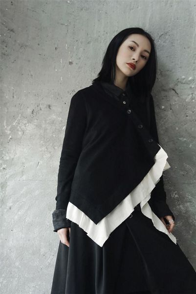 

women's sweaters cakucool autumn cardigans women faux two piece knit jacket gothic japan designer holes asymmetric sweater open stitch, White;black