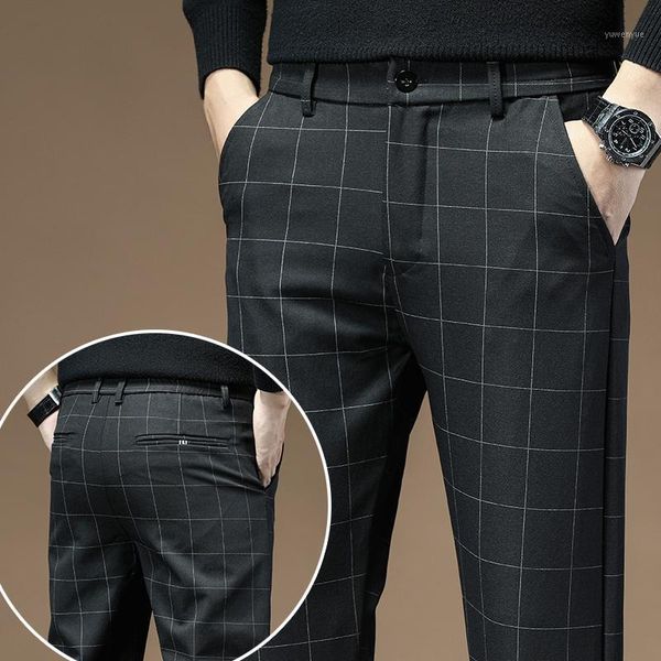

men's pants plaid men autumn spring business casual trousers brand clothing mens long straight cotton male regular full length,1912, Black
